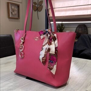 Coach Fuchsia Tote with Scarf Accent and Keychain